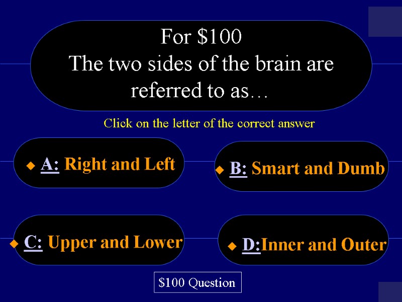 For $100 The two sides of the brain are referred to as…  